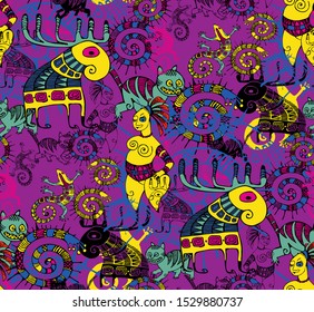 Seamless pattern inspired by the art of primitive people.  Suitable for fabric, wrapping paper and the like