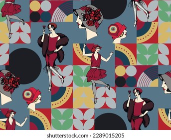 Seamless pattern inspired by Art Deco style. Vector illustration. Suitable for fabric, wrapping paper, mural, digital paper, wallpaper and the like