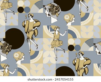 Seamless pattern inspired by Art Deco style. Vector illustration. Suitable for fabric, wrapping paper, mural, digital paper, wallpaper and the like