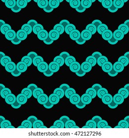 Seamless pattern inspired by Buddhist Temple traditional ornament. Oriental motif. Wavy background. Vector illustration.