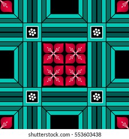 Seamless pattern inspired by Buddhist Temple traditional ornament. Oriental print. Buddhism theme. Abstract colorful background. Vector illustration.