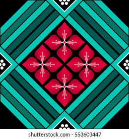 Seamless pattern inspired by Buddhist Temple traditional ornament. Oriental print. Buddhism theme. Abstract colorful background. Vector illustration.