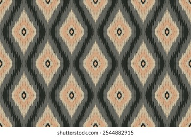 Seamless pattern inspired by ikat fabric with geometric diamond shapes in beige and dark tones. Traditional tribal design perfect for textiles, wallpapers, ethnic prints and fashion backgrounds.