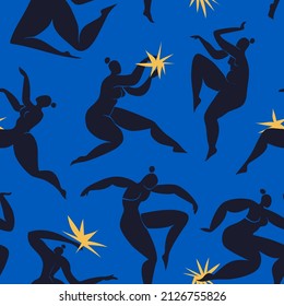 Nahtlose Muster, inspiriert von Matisse mit tanzenden abstrakten Frauen. Schwarz auf blauem Hintergrund, Vektorgrafik. Tanz verschiedener Frauen.