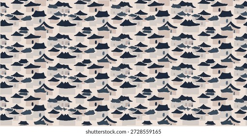 A seamless pattern inspired by simplified Korean traditional house shapes with tiled roofs. Minimal flat illustration in calm neutral colors, ideal for backgrounds, textiles, packaging, wallpaper, and modern design projects.