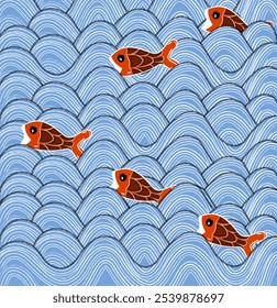 seamless pattern, inspired by traditional Japanese style, features elegant and distinctive elements. The design incorporates flowing wave motifs that resemble gently moving ocean waves, along wit