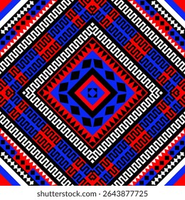 A seamless pattern inspired by traditional tribal weaving, this design features deep blue, red, and white pixel blocks arranged in concentric diamond shapes.