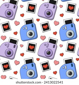 Seamless pattern with instant camera and heart