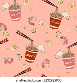 Seamless pattern with instant noodles. Vector graphics.