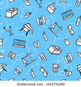 seamless pattern instruments molecule chemistry physics background science equipment laboratory doodle black and white