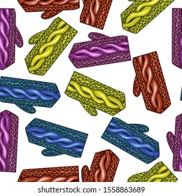 Seamless pattern of insulated mittens. Winter gloves are yellow, red, blue and purple. Illustration drawn by hand. Vector image.
