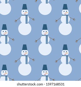 Seamless pattern with interesting snowman on blue background for fabric, textile, clothes, tablecloth and other things. Vector image. 