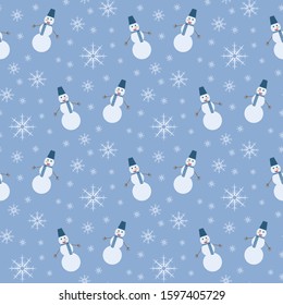 Seamless pattern with interesting snowman and snowflakes on blue background for fabric, textile, clothes, tablecloth and other things. Vector image. 