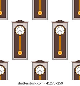 Seamless pattern with interior, grandfather clock. Flat colored illustration 