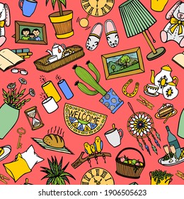 SEAMLESS PATTERN WITH INTERIOR ITEMS ON A PINK BACKGROUND IN VECTOR