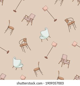 Decoración de inviolabilidad con elementos interiores, sillas de madera, sillones rosas y azules, lámparas en el suelo