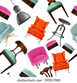 Seamless pattern with interior objects.Chairs, chair, lamp.Background to the interior.Elements of interior.Interior of a living room. Modern flat design illustration.Interior set art.