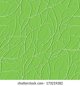 Seamless pattern with interlacing branch silhouettes on green background