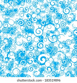 A seamless pattern of interlocking connected swirl shapes in blue and white.