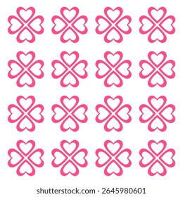 A seamless pattern of interlocking pink hearts forming a clover silhouette, perfect for backgrounds, valentines, fabric, gift wrapping and other creative projects.
