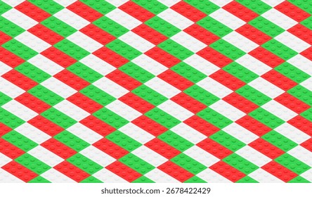 Seamless pattern of interlocking plastic building blocks, colored in a repeating red, white, and green colors.