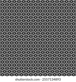 Seamless pattern of interlocking white circles on a black background. Modern and minimalist design. Perfect for backgrounds, textures, and digital art.