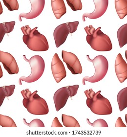 Seamless pattern of internal human organs. Vector illustration of liver, lungs, heart and stomach isolated on white background. Great for print on textile or wrapping paper