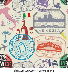 Seamless pattern, International business travel visa stamps or symbols set, Italy, Venice theme, vector illustration