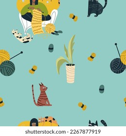 Seamless pattern, international day of knitting in public, knitting at home, cats, pets, cartoon characters vector illustration, wrapping paper, digital paper.