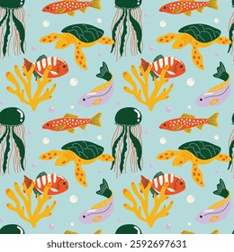 Seamless pattern for international earth day, world oceans day, save the planet design concept with sea, ocean, underwater fish, turtle, coral reef, vector illustration in cartoon groovy funky style