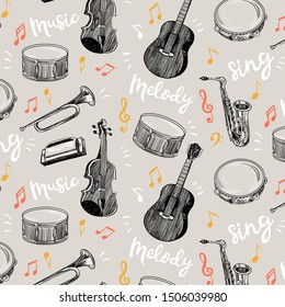 Seamless pattern International Music Day. Vector musical instrument set. Illustration of guitar, trumpet, tambourine, saxophone, drum, violin, harmonic, notes, treble clef