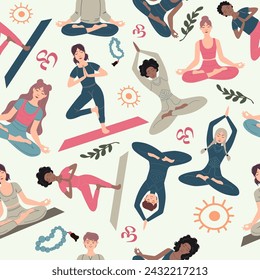 Seamless pattern international people sitting in yoga pose