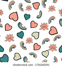 Seamless pattern for International Yoga Day or well being celebration day. Orange, white, green, rainbows, lotus, flower, hearts pattern in vector.  