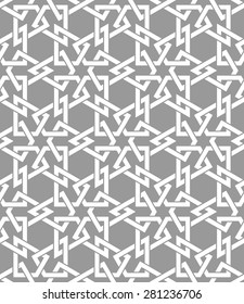 Seamless pattern with intersecting dark stripes, poly lines, polygons and twelve pointed star in the traditional Arabic style on light background. Arabesque.