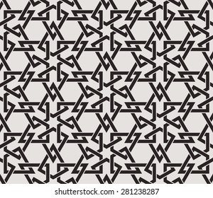 Seamless pattern with intersecting dark stripes, poly lines, polygons and twelve pointed star in the traditional Arabic style on light background. Arabesque.