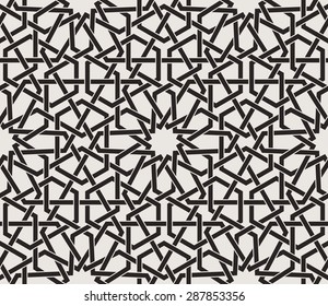 Seamless pattern with intersecting dark stripes, poly lines, polygons and twelve pointed star in the traditional Arabic style on light background.