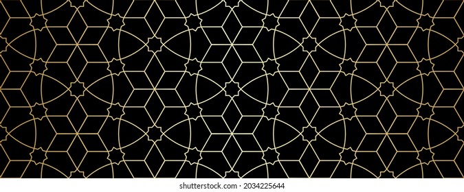 Seamless pattern with intersecting golden stripes and polygons on black backcround. Abstract vector design for louver, textile, fabric and wrapping. Stylish lattice design in Arabic style.