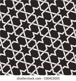 Seamless pattern with intersecting light stripes, poly lines, polygons and six pointed star in the traditional Arabic style on dark background.