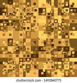 Seamless pattern. Intersecting rounded five-pointed stars and squares. Camouflage. The colors of gold.