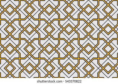 Seamless pattern with intersecting straight stripes, poly lines, polygons. Golden abstract ornament in ethnic style on white. Arabesque background.