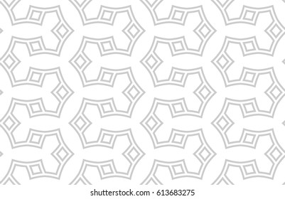 Seamless pattern with intersecting stripes, arcs and polygons. Abstract white geometric background in Arabic style. Decorative lattice.