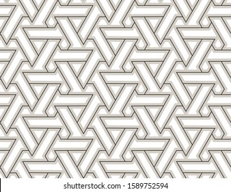 Seamless pattern with intersecting stripes, poly lines, polygons and stars on black backcround. Abstract ornament in Arabic style. Arabesque.