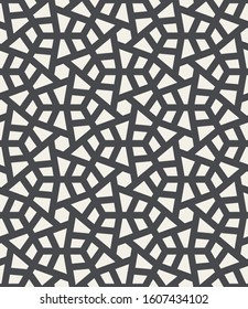Seamless pattern with intersecting stripes, poly lines, polygons and stars on black backcround. Abstract ornament in Arabic style. Arabesque.