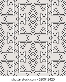 Seamless pattern with intersecting stripes, poly lines, polygons. Abstract ornament in Arabic style. Arabesque.