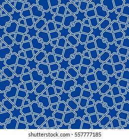Seamless pattern with intersecting stripes, poly lines, polygons and stars on blue background. Abstract ornament in Arabic style. Arabesque.