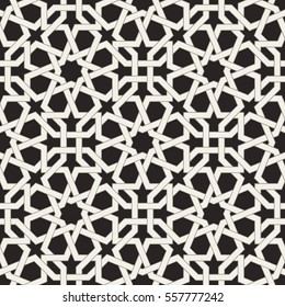 Seamless pattern with intersecting stripes, poly lines, polygons and stars on black background. Abstract ornament in Arabic style. Arabesque.