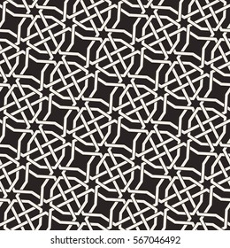 Seamless pattern with intersecting stripes, poly lines, polygons and stars on black background. Abstract ornament in Arabic style. Arabesque.