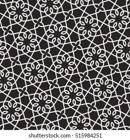 Seamless pattern with intersecting stripes, scrolls, polygons in the Arabesque style. Abstract vector ornament.