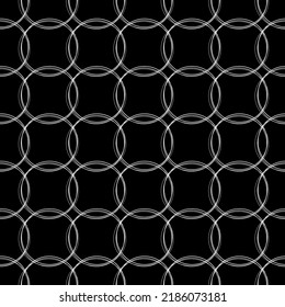 Seamless pattern of intersecting thin abstract round frames drawn on a black square background. Vector illustration for printing on paper, fabric, packaging, wallpaper.