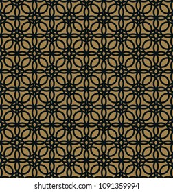 Seamless pattern of intersecting thin gold lines on black background. Abstract seamless ornament.